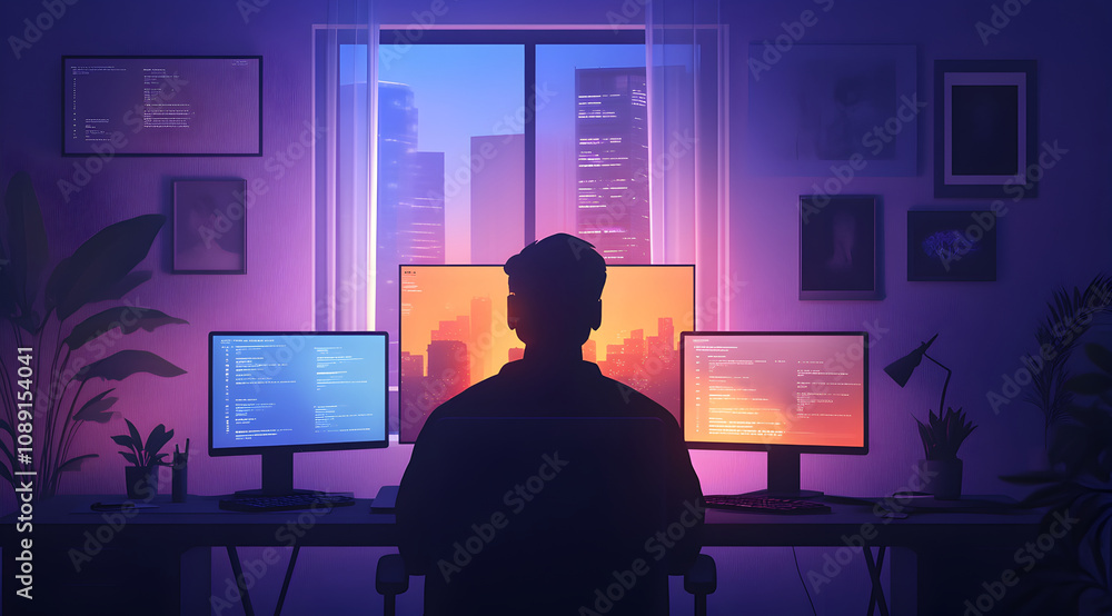 A person sits in front of two screens, illuminated by vibrant city lights at dusk, creating a focused, tech-inspired ambiance. A person sits in front of two screens, illuminated by vibrant city lights at dusk, creating a focused, tech-inspired ambiance.