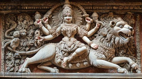 Durga Maa riding a lion, slaying the demon Mahishasura photo