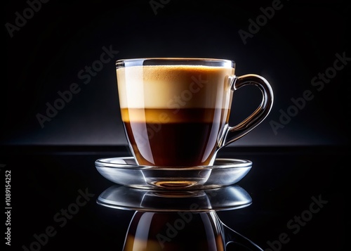 Close-up of a Clear Glass Coffee Cup Holding a Rich Espresso Shot with Creamy Foam Layer on a Reflective Black Surface Captured in Night Photography for Coffee Lovers