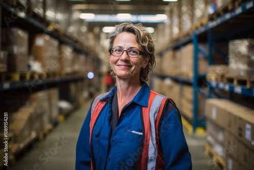 Portrait of a joyful middle aged female warehouse worker