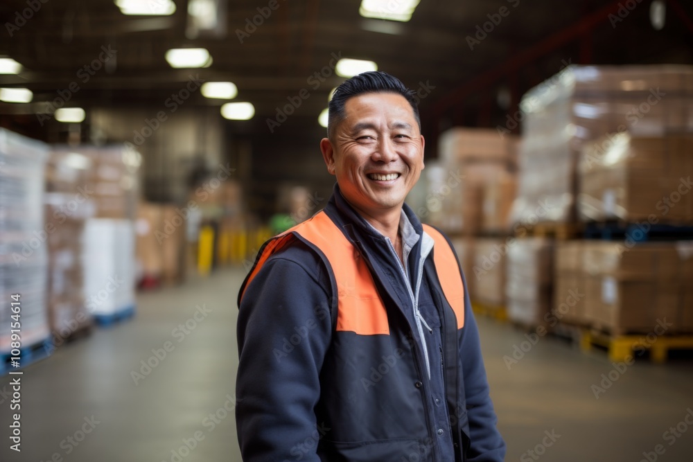 Portrait of a joyful middle aged Asian male warehouse worker Portrait of a joyful middle aged Asian male warehouse worker