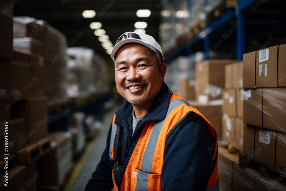 Portrait of a joyful middle aged Asian male warehouse worker Portrait of a joyful middle aged Asian male warehouse worker