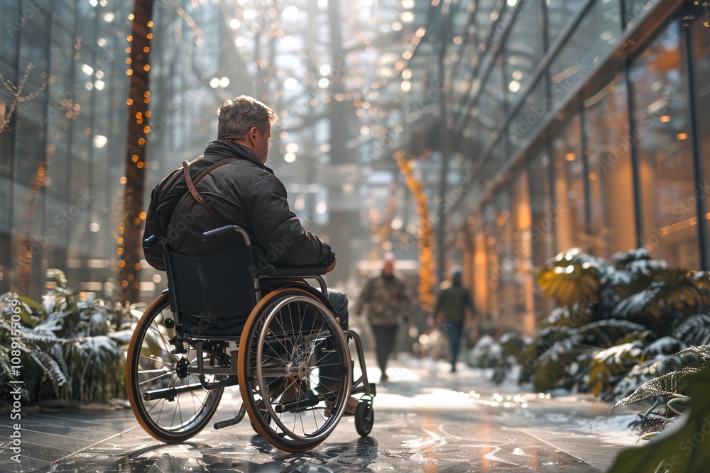 Obraz premium A man in a wheelchair travels through a vibrant indoor environment adorned with plants and illuminated by natural light. Visitors stroll around him, creating a lively atmosphere