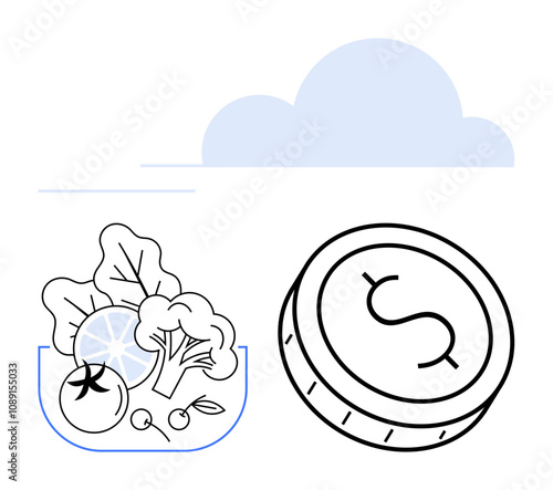 Bowl of vegetables and fruits next to a coin with a dollar symbol, all beneath a cloud. Ideal for health, finance, economy, nutrition, food industries, sustainable living and online platforms. Line