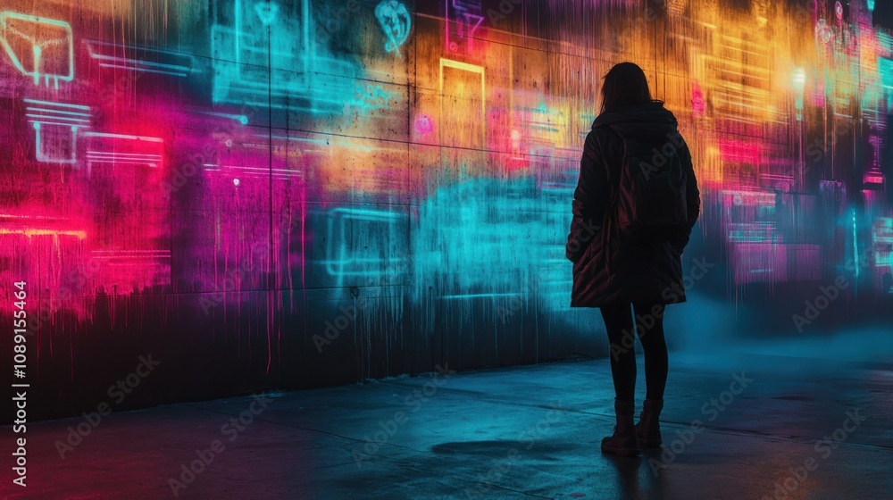 Obraz premium Neon Dreamscape: A Solitary Figure Contemplates a Vibrant, Futuristic Wall Mural