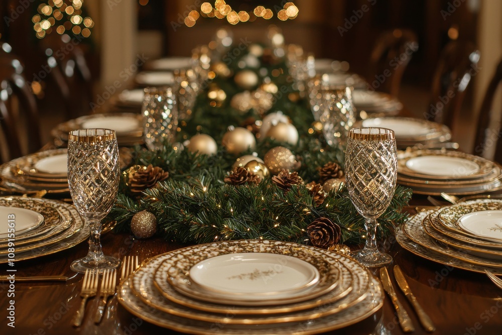 A beautifully decorated dining table adorned with festive greenery, elegant dinnerware, and sparkling accents, perfect for a holiday celebration. A beautifully decorated dining table adorned with festive greenery, elegant dinnerware, and sparkling accents, perfect for a holiday celebration.