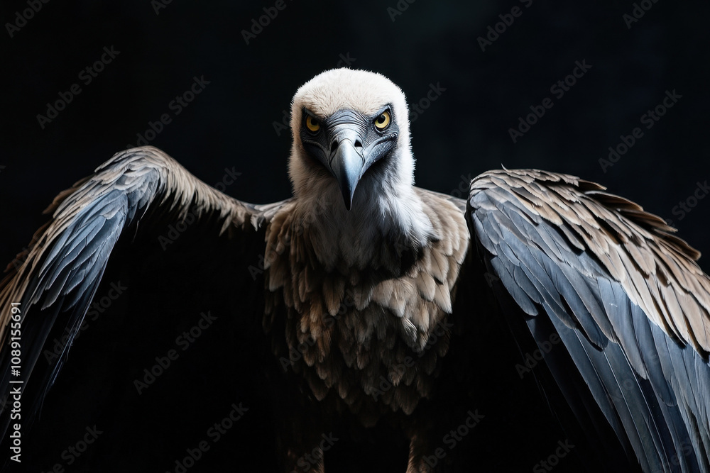 Majestic vulture with piercing eyes and spread wings, showcasing its powerful beak and detailed feathers against a dark backdrop.