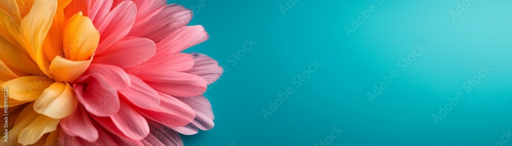 A vibrant pink and yellow flower blooms against a soothing turquoise background, creating a fresh and cheerful atmosphere. A vibrant pink and yellow flower blooms against a soothing turquoise background, creating a fresh and cheerful atmosphere.