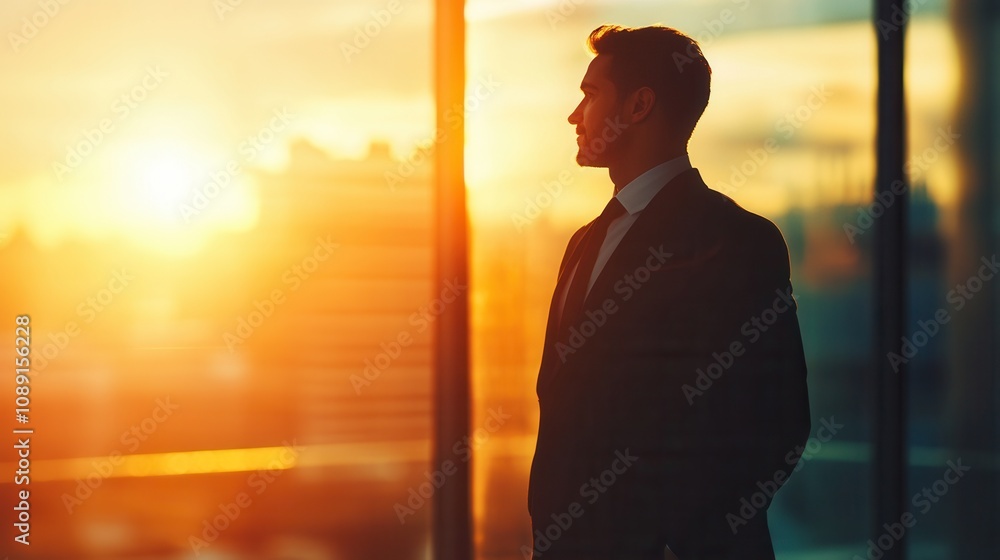 Fototapeta premium Businessman silhouette against a vibrant sunset skyline.