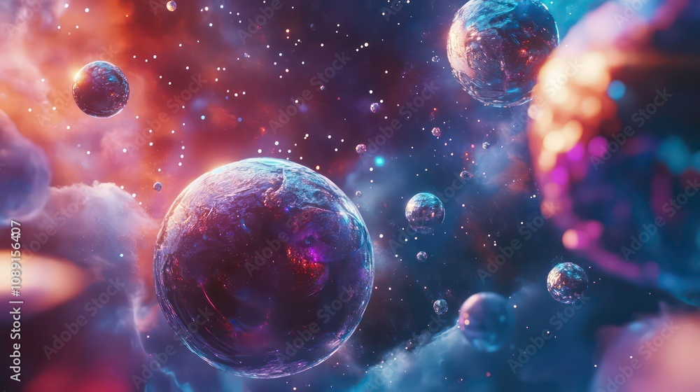 planets in space, rendered in cinema4D chrome effect, dreamy fantasy colors, holographic galaxy wallpaper, background planets in space, rendered in cinema4D chrome effect, dreamy fantasy colors, holographic galaxy wallpaper, background