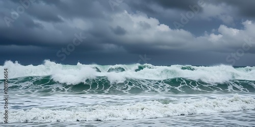 Turbulent ocean waves crashing against the shore under a dark stormy sky, sea motion, blue wave