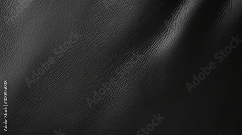 Black leather texture close-up with smooth, shiny surface from top-down view, showcasing dark and mysterious mood.