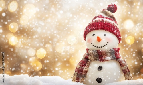 Festive winter holiday banner cheerful snowman in hat and scarf on snowy background with copy space