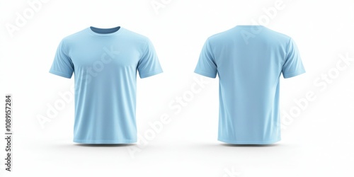 Light blue T-shirt mockup, fitted cut, front and back, plain design, on white.