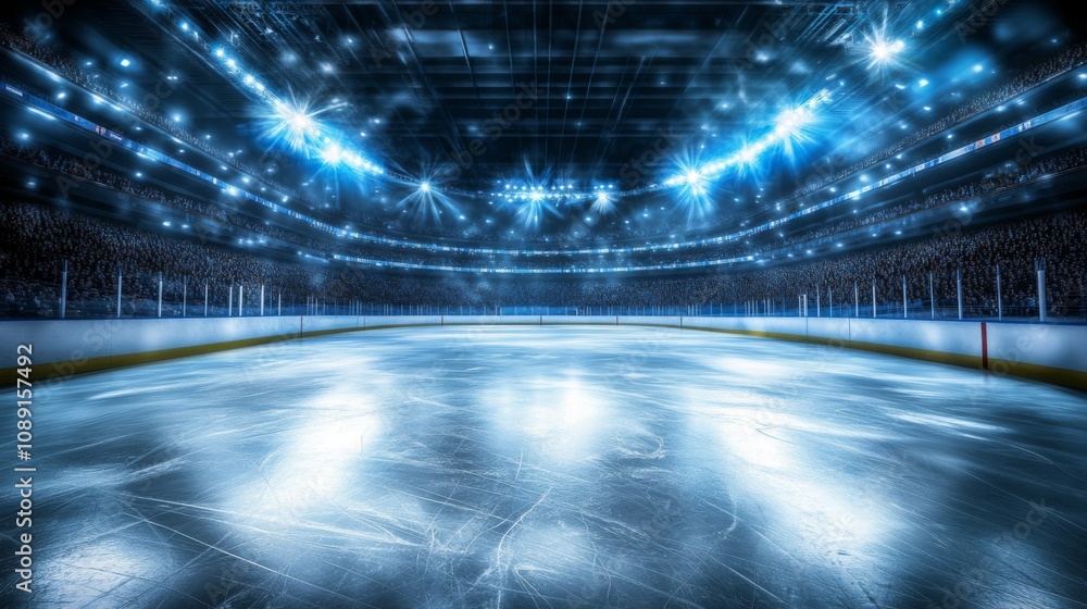 Nighttime Ice Hockey Arena with Bright Blue Lights, Crowded Stands, and Smooth, Reflective Ice Creating Vibrant Atmosphere. Nighttime Ice Hockey Arena with Bright Blue Lights, Crowded Stands, and Smooth, Reflective Ice Creating Vibrant Atmosphere.