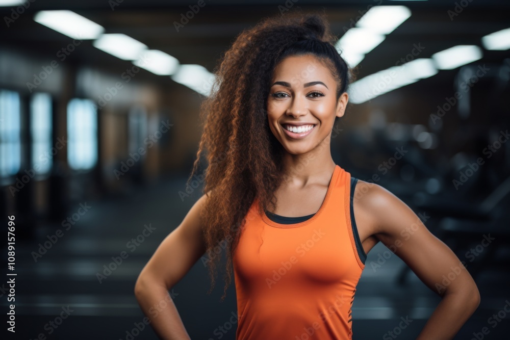 Fototapeta premium Smiling portrait of a young African American female fitness trainer in gym