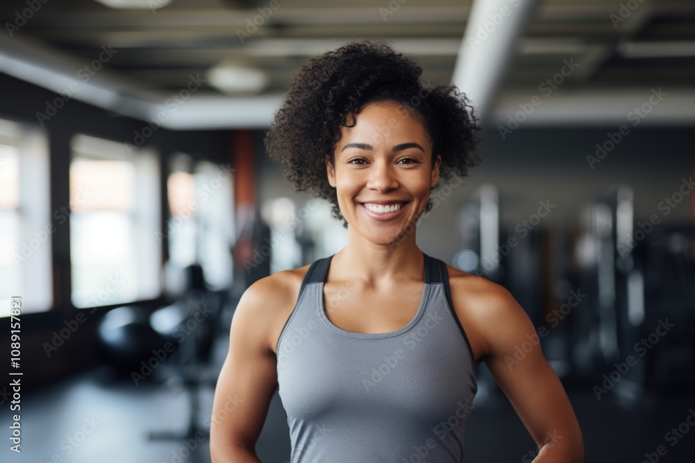 Smiling portrait of a young African American female fitness trainer in gym Smiling portrait of a young African American female fitness trainer in gym