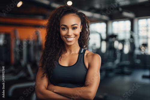 Smiling portrait of a young African American female fitness trainer in gym