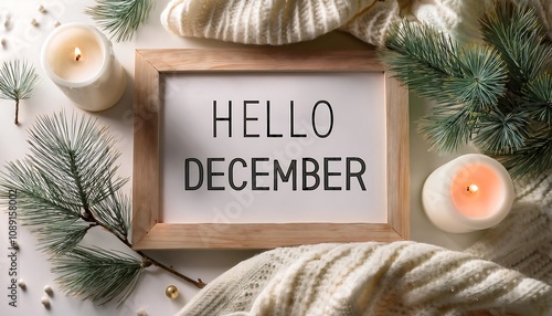 Festive holiday decor with Hello December framed text and Scandinavian elements. Generative AI