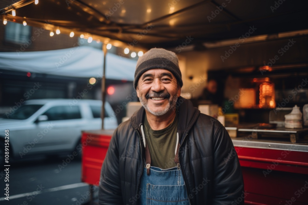 Smiling portrait of a middle aged Mexican man working at food truck Smiling portrait of a middle aged Mexican man working at food truck