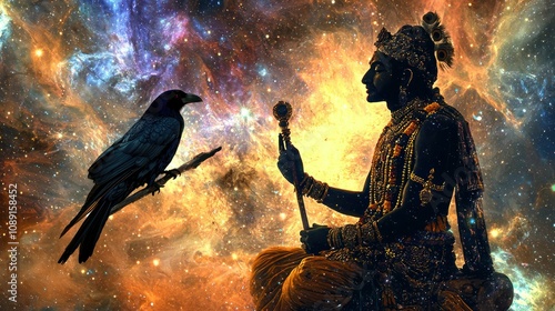 Lord Shani Dev with a black crow, holding a staff, in a cosmic background