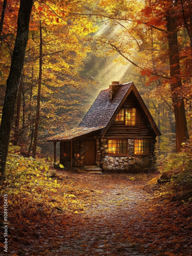 A charming cabin nestled in a vibrant autumn forest, illuminated by soft rays of sunlight. The colorful leaves create a picturesque setting, inviting tranquility and relaxation. A charming cabin nestled in a vibrant autumn forest, illuminated by soft rays of sunlight. The colorful leaves create a picturesque setting, inviting tranquility and relaxation.