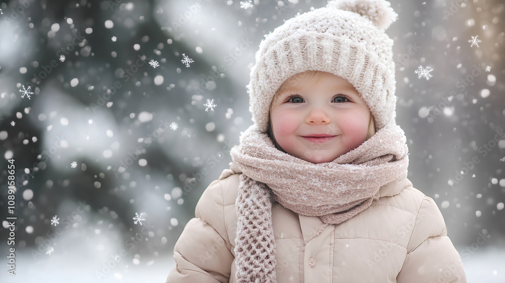 A young child, bundled up in a soft pastel-colored puffer jacket, joyfully in front of snow-covered trees. A young child, bundled up in a soft pastel-colored puffer jacket, joyfully in front of snow-covered trees.