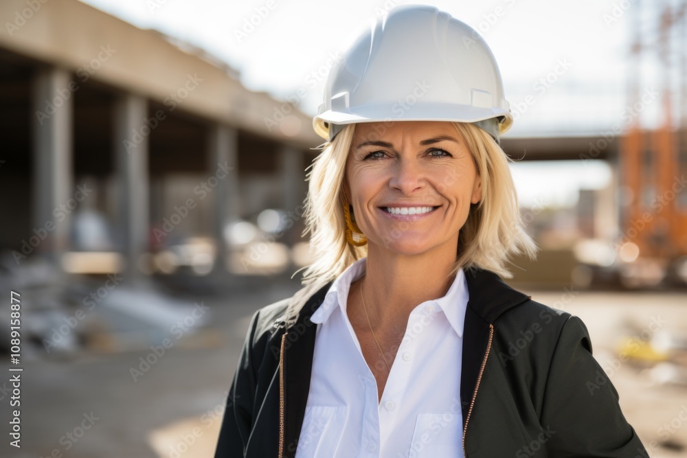 Smiling portrait of a middle aged businesswoman on construction site Smiling portrait of a middle aged businesswoman on construction site