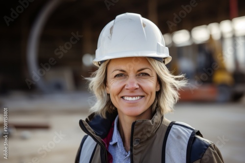 Smiling portrait of a middle aged businesswoman on construction site