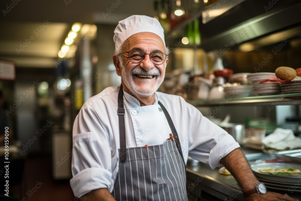 Smiling portrait of a senior Italian chef working in kitchen Smiling portrait of a senior Italian chef working in kitchen