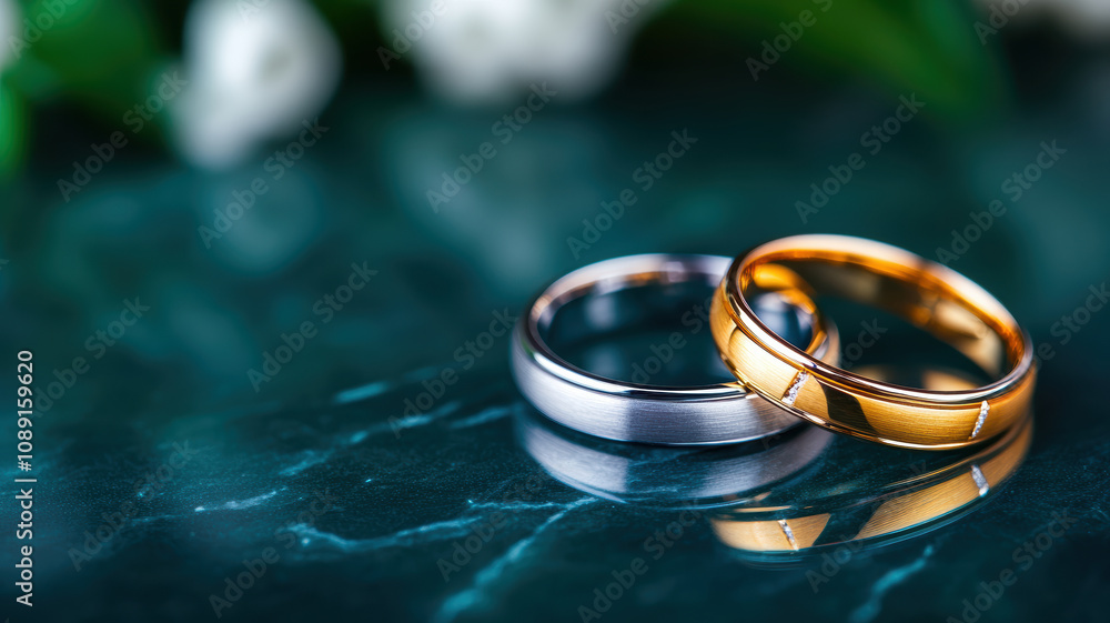 Two gold and silver wedding rings are on a green marble surface. The rings are reflecting each other, creating a sense of unity and love Two gold and silver wedding rings are on a green marble surface. The rings are reflecting each other, creating a sense of unity and love