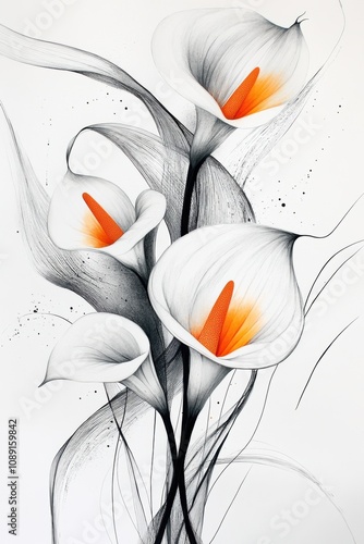 Abstract art, with calla lilies and petals against a white background, features black lines and orange accents