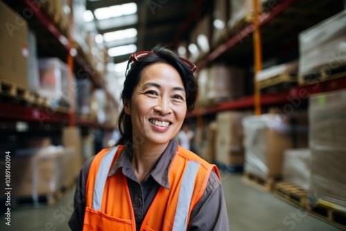 Portrait of a joyful middle aged female warehouse worker