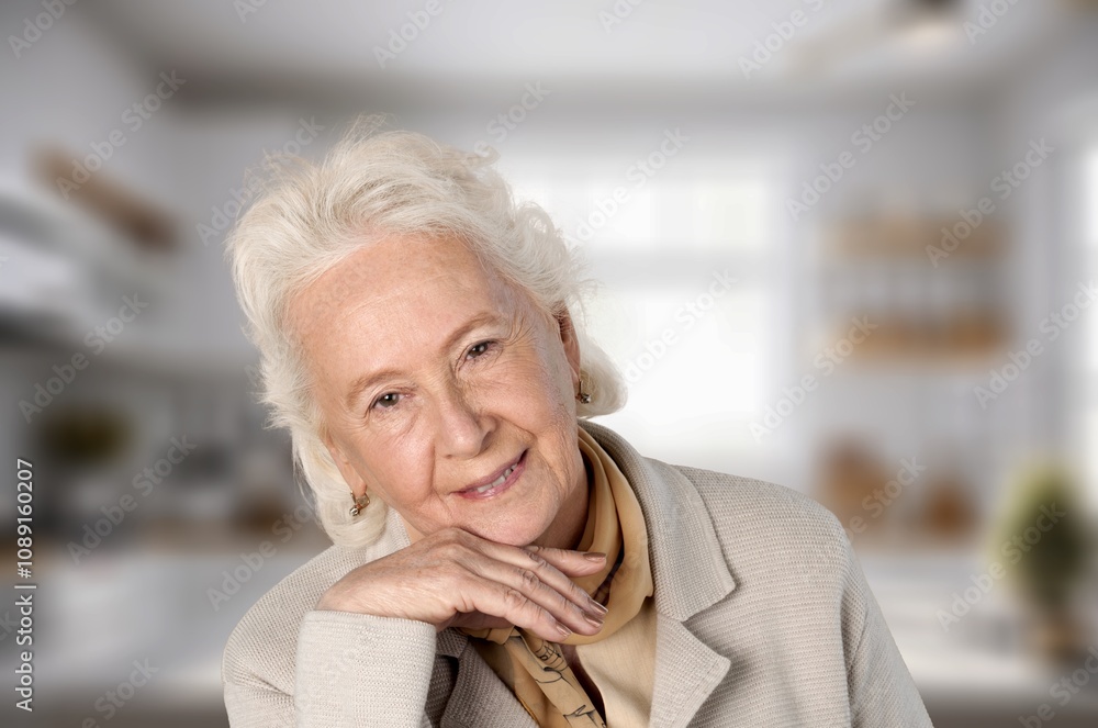 Happy elderly woman senior person in house Happy elderly woman senior person in house