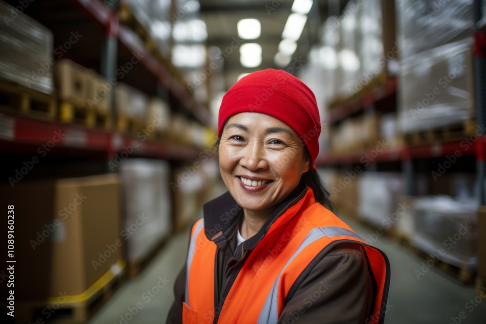 Portrait of a joyful middle aged female warehouse worker Portrait of a joyful middle aged female warehouse worker
