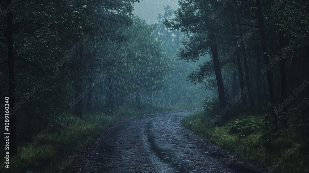 Obraz premium A Quiet Forest Road During a Rainstorm at Dusk