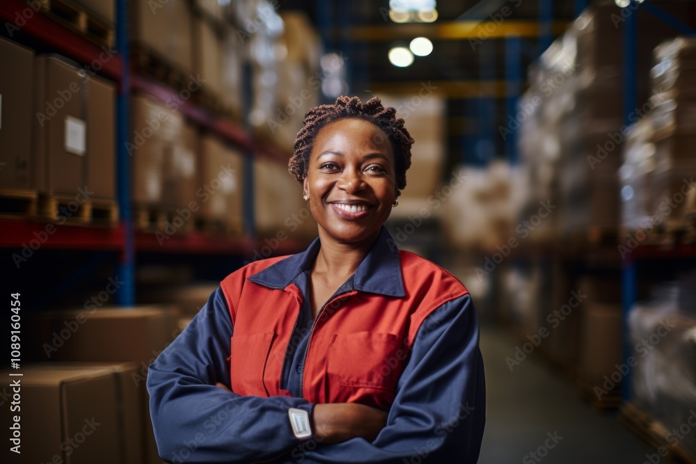 Portrait of a joyful middle aged female warehouse worker Portrait of a joyful middle aged female warehouse worker