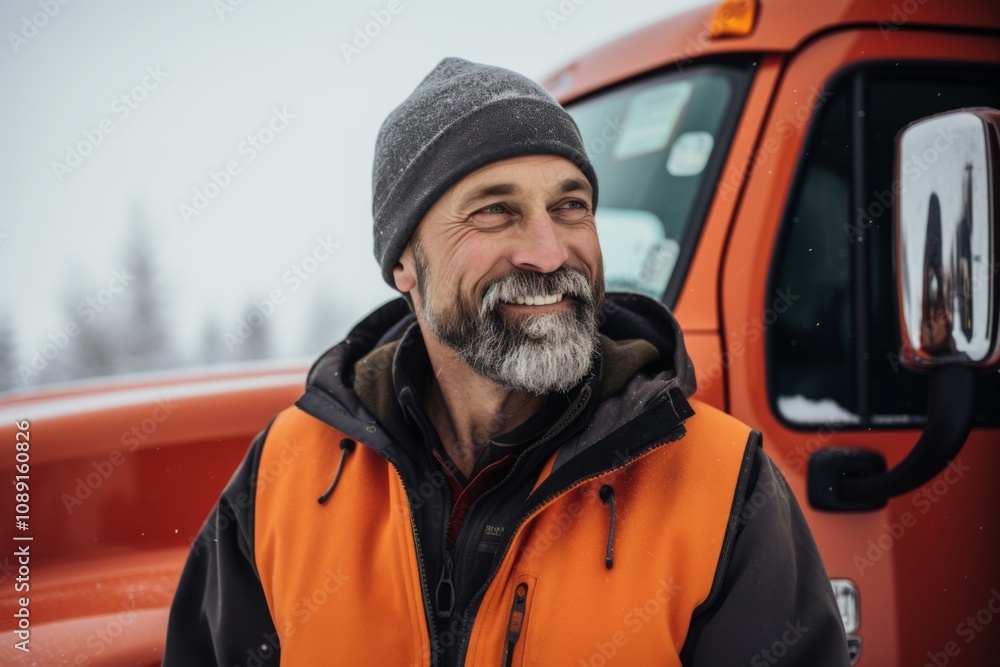 Portrait of a middle aged male truck driver during winter Portrait of a middle aged male truck driver during winter