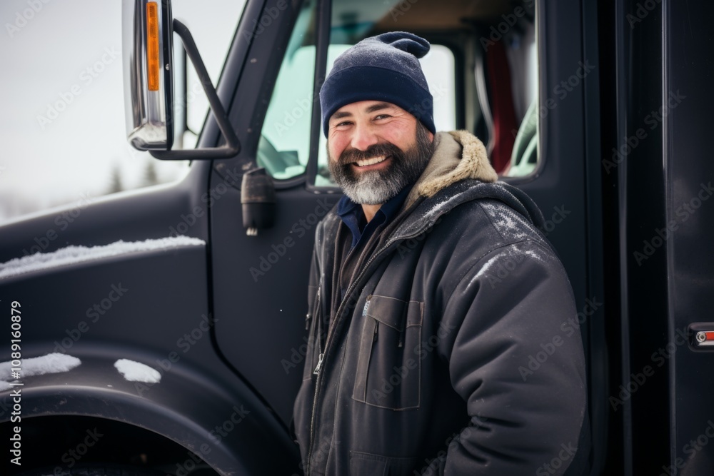 Portrait of a middle aged male truck driver during winter Portrait of a middle aged male truck driver during winter