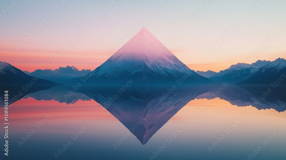 Mountain Reflection at Dawn: A majestic mountain peak, bathed in the soft hues of sunrise, reflects perfectly on the tranquil waters of a serene lake. Mountain Reflection at Dawn: A majestic mountain peak, bathed in the soft hues of sunrise, reflects perfectly on the tranquil waters of a serene lake.