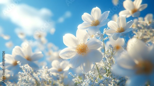 White Cosmos Flowers Sunny Sky Floral Background