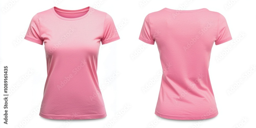 Pink T-shirt for women, front and back view, fitted cut, isolated on white. Pink T-shirt for women, front and back view, fitted cut, isolated on white.
