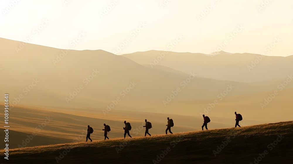Silhouettes of hikers on a serene mountain trail at sunset. Silhouettes of hikers on a serene mountain trail at sunset.