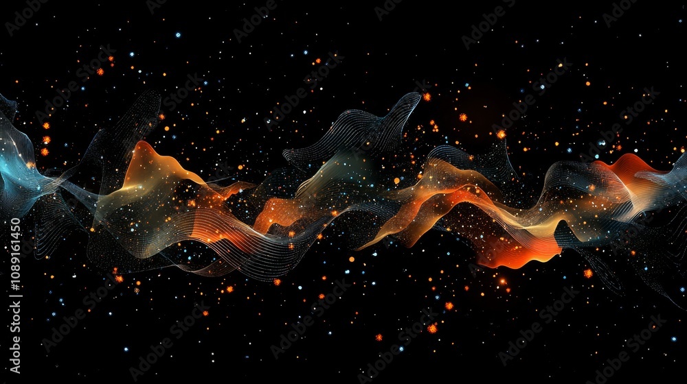 Fototapeta premium Graphik abstract background for digital data storage, digital neural networks, particle flows, fundamentals of stock technology background