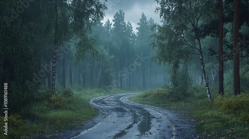 A Quiet Forest Road During a Rainstorm at Dusk