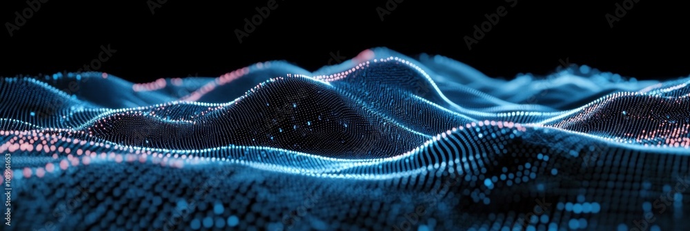 Futuristic 3D Wave Structure with Blue and Pink Dots on Black Background - Digital Art Concept. Futuristic 3D Wave Structure with Blue and Pink Dots on Black Background - Digital Art Concept.