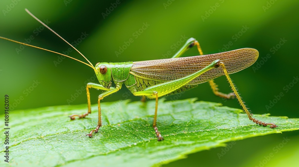 A detailed close-up of a grasshopper perched on a bright green leaf, showcasing its long legs and textured body. A detailed close-up of a grasshopper perched on a bright green leaf, showcasing its long legs and textured body.