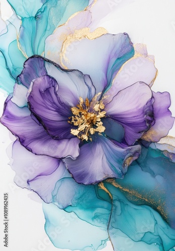 Alcohol ink with gold leafing, purple and teal tones, floral design, white background