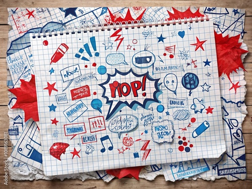 Colorful Handwritten Speech Bubbles on Torn Notepad Paper Doodle Design with Red and Blue Wax Crayon Scribbles and Square Grid Background for Urban Exploration Themes photo