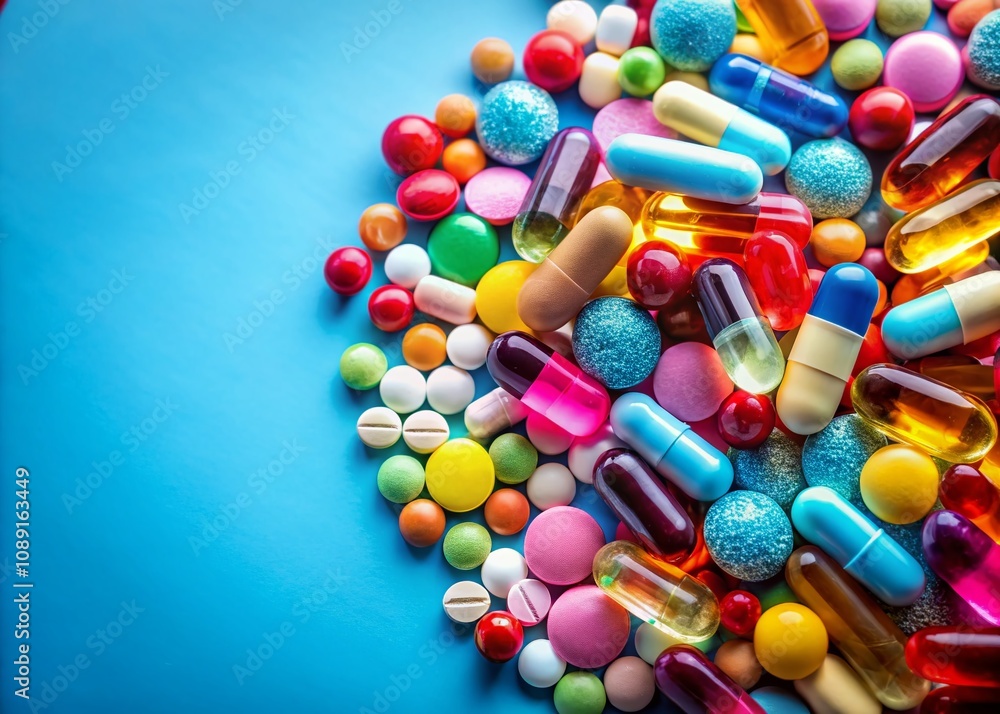 Colorful Pills and Tablets on a Blue Background for Medical Concepts with Copy Space, Ideal for Health Care Ideas and Wellness Promotions Colorful Pills and Tablets on a Blue Background for Medical Concepts with Copy Space, Ideal for Health Care Ideas and Wellness Promotions